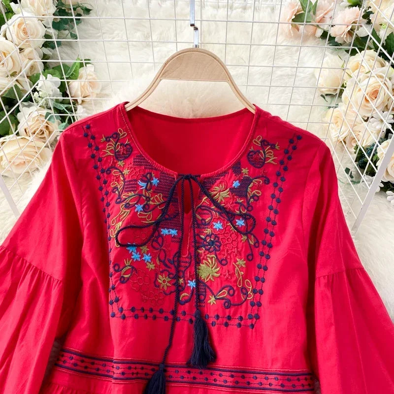 Embroidered Lantern Sleeve Boho Midi Dress | Lace-Up A-Line