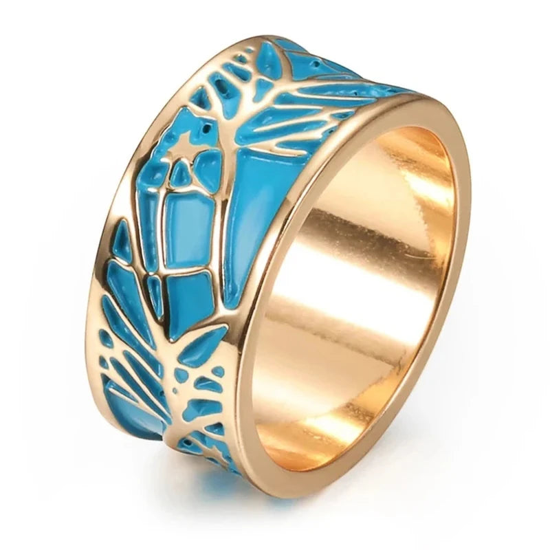Boho Blue Enamel Plant Tree Pattern Ring – Creative Nature-Inspired Statement Ring