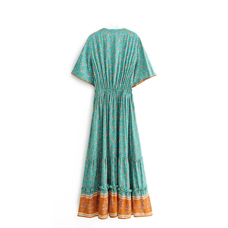 Boho Tassel Maxi Dress | Floral Print V-Neck Batwing Sleeve
