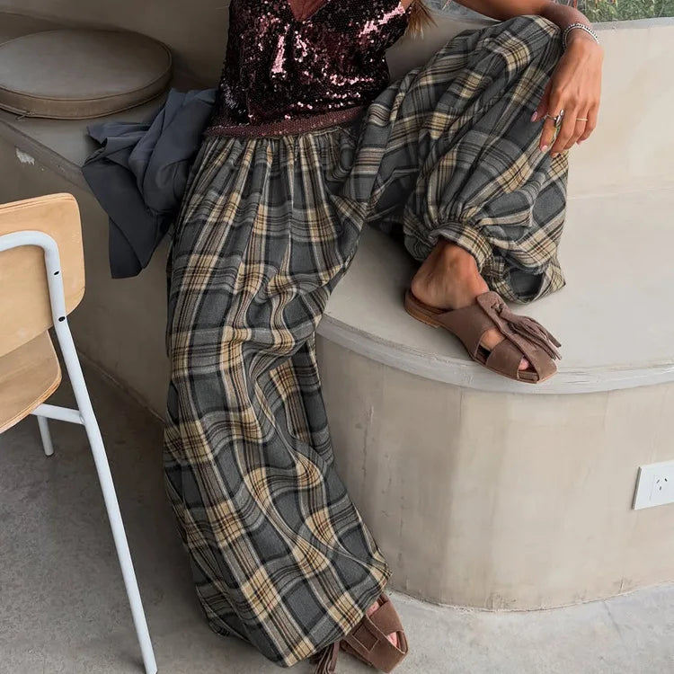 Fashion Loose Plaid Women's Pants 2026 Vintage High Waist Wide Trousers Elegant Classic Pants Female Clothing Streetwear