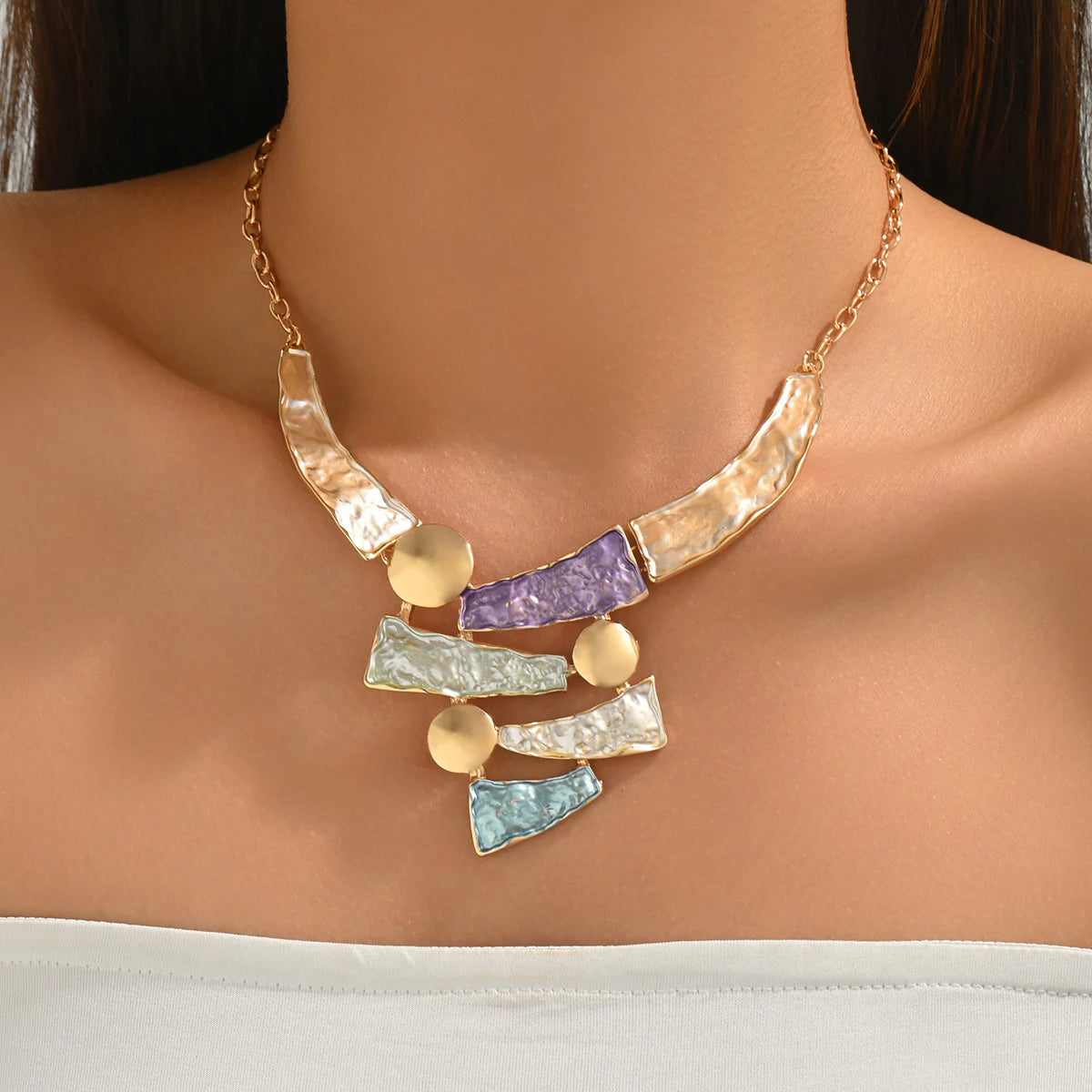 Boho Colorful Enamel Geometric Bib Necklace | Hammered Statement Necklace for Women