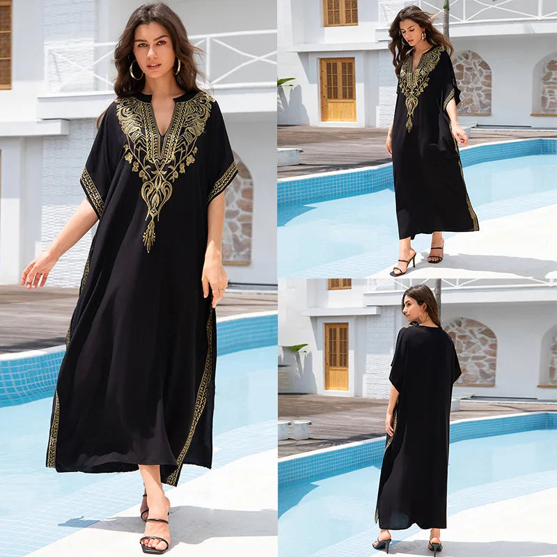 Boho Embroidered Batwing Sleeve Beach Cover-Up Dress – Loose A-Line V-Neck Summer Dress