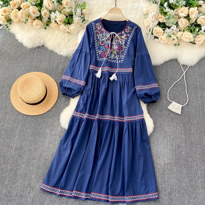 Embroidered Lantern Sleeve Boho Midi Dress | Lace-Up A-Line