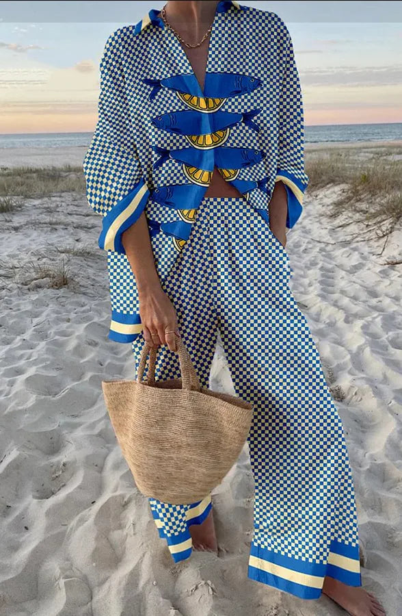 Boho Print Shirt & Pants Set | Loose Long Sleeve Button-Up Co-ord