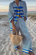 Boho Print Shirt & Pants Set | Loose Long Sleeve Button-Up Co-ord