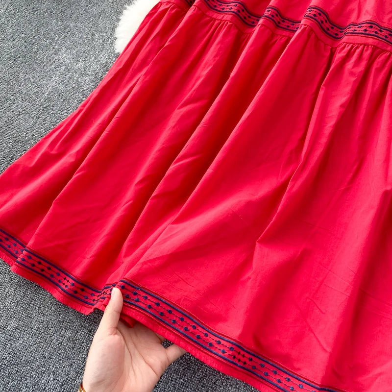 Embroidered Lantern Sleeve Boho Midi Dress | Lace-Up A-Line