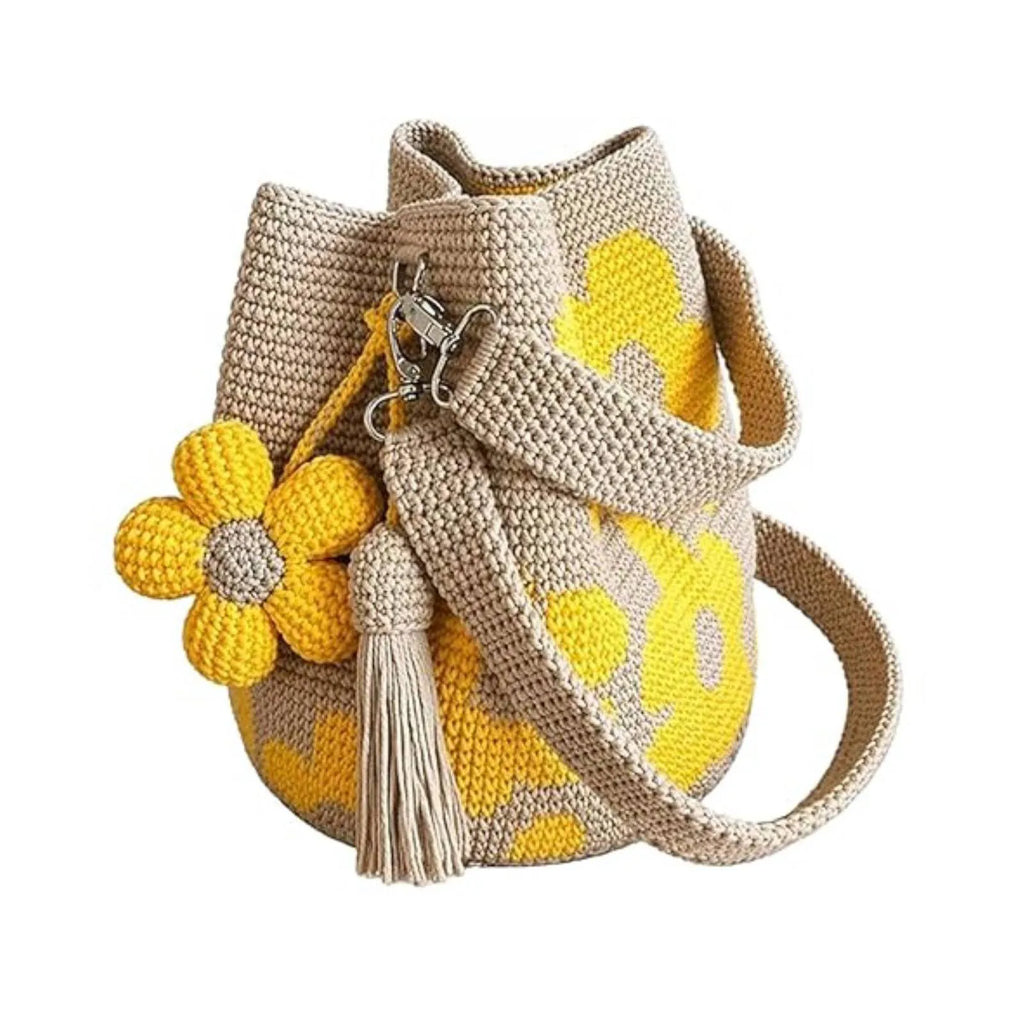 Boho Embroidery Bucket Bag | Drawstring Purse with Flower Tassel