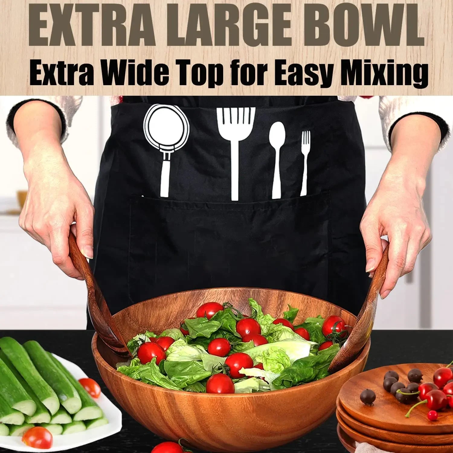 Solid Acacia Wood Bowl | Hand-Crafted Japanese-Style Wooden Salad & Serving Bowl