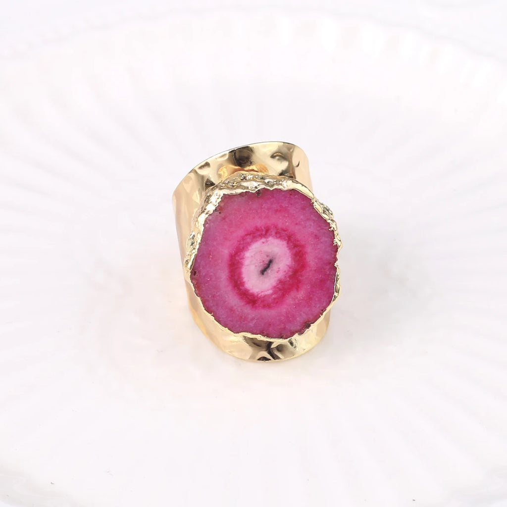 Boho Natural Agate Stone Sunflower Wide Open Ring – Gold Plated Adjustable in 6 Colors