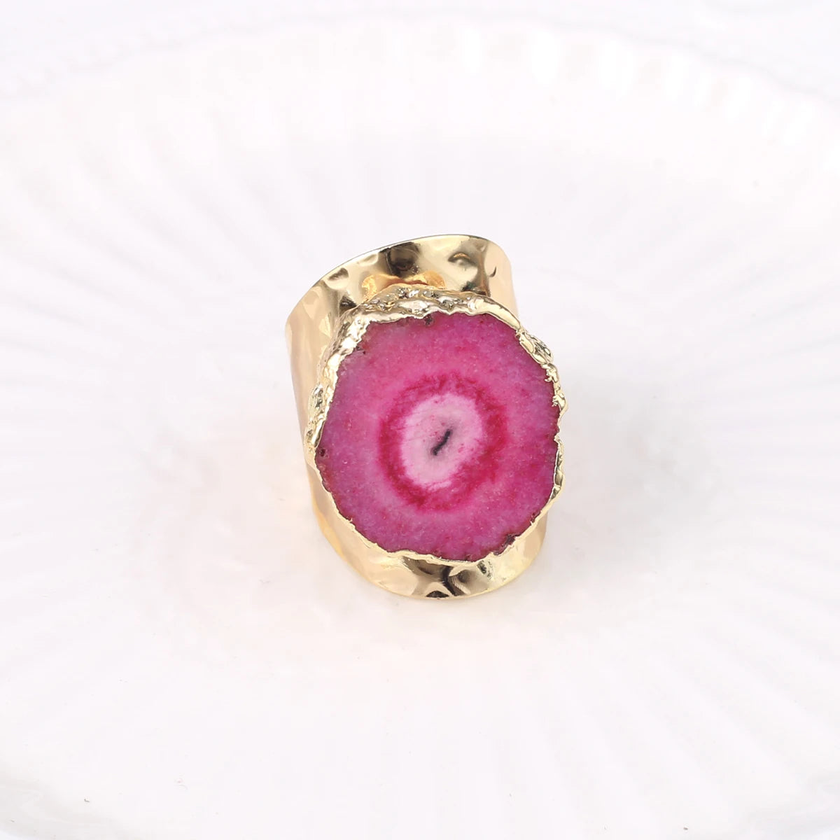 Boho Natural Agate Stone Sunflower Wide Open Ring – Gold Plated Adjustable in 6 Colors