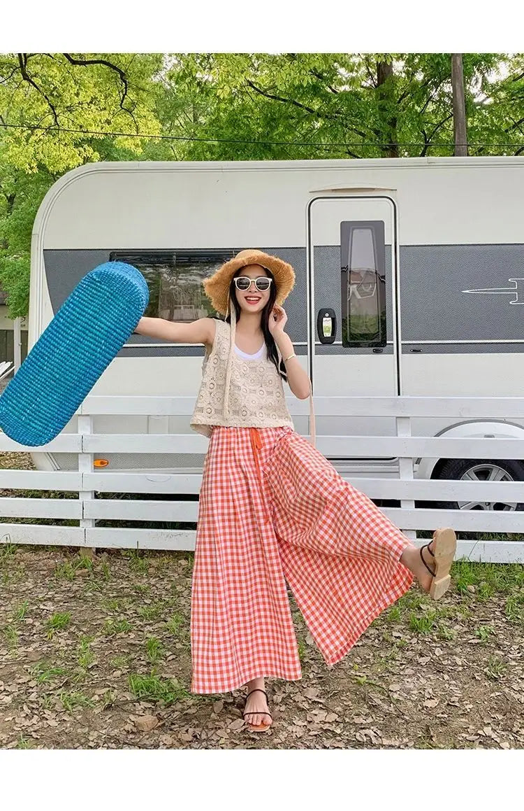 Plaid Wide Leg Pants Women Baggy Korean Style Panelled Temper Trousers Streetwear Pantalones Clothes Summer A-line Teens College