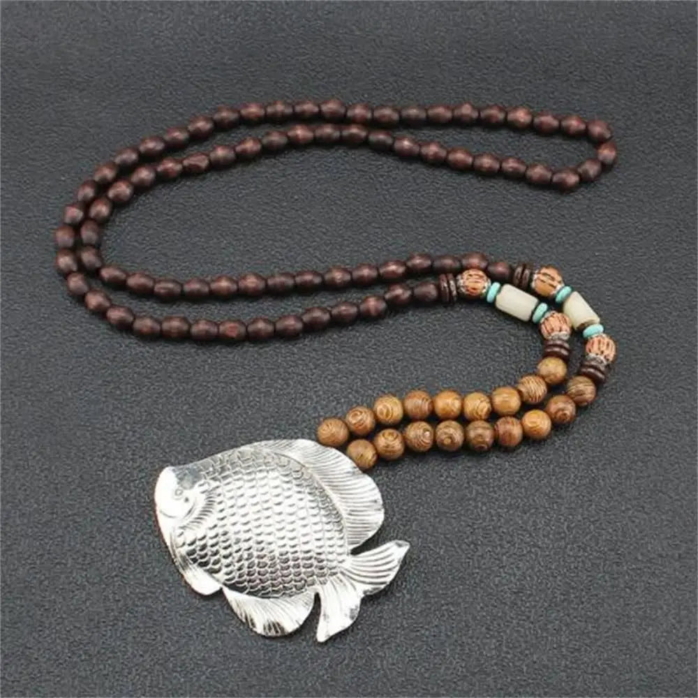 Boho Handmade Nepal Buddhist Mala Wood Bead Long Pendant Necklace – Unisex Ethnic Jewelry
