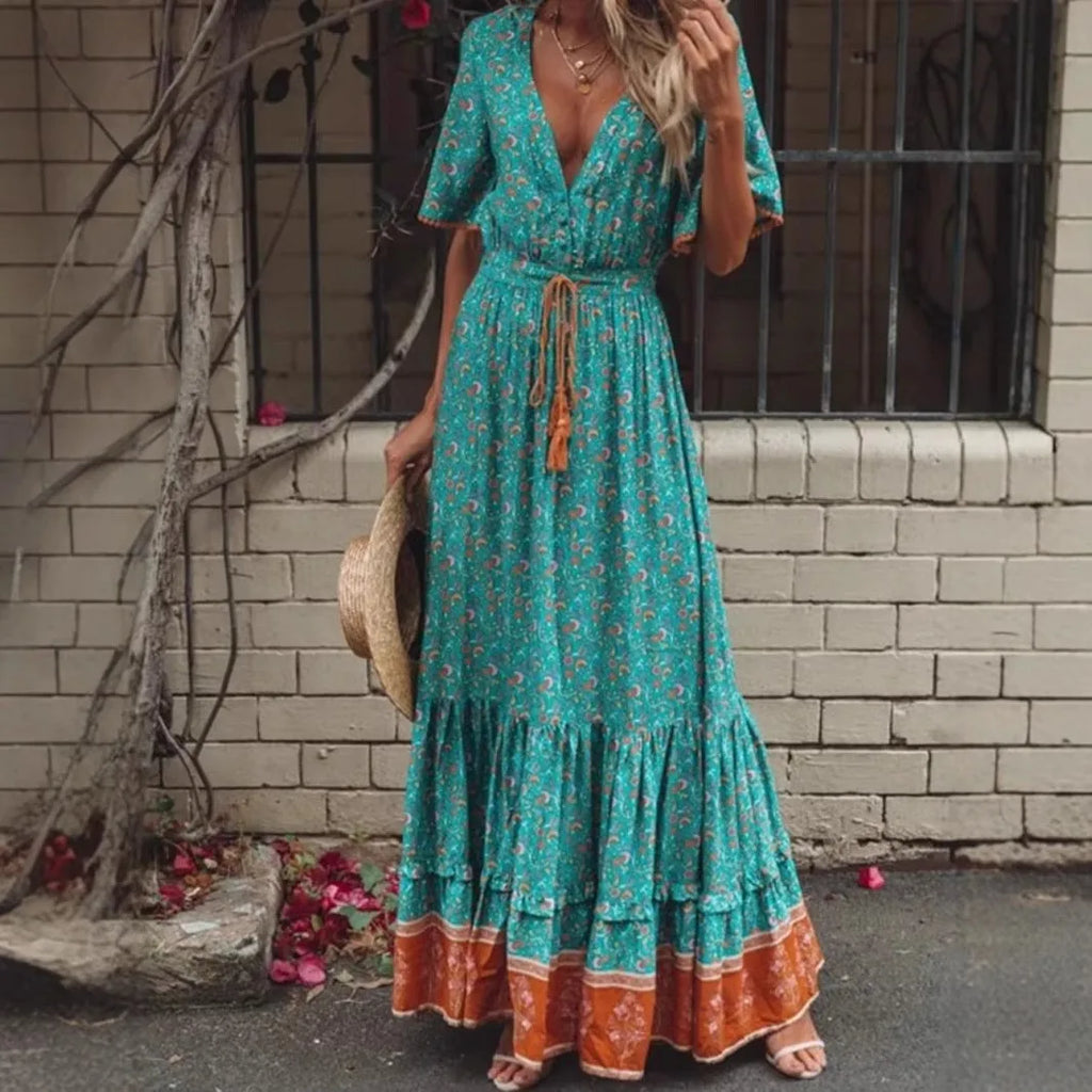 Boho Tassel Maxi Dress | Floral Print V-Neck Batwing Sleeve