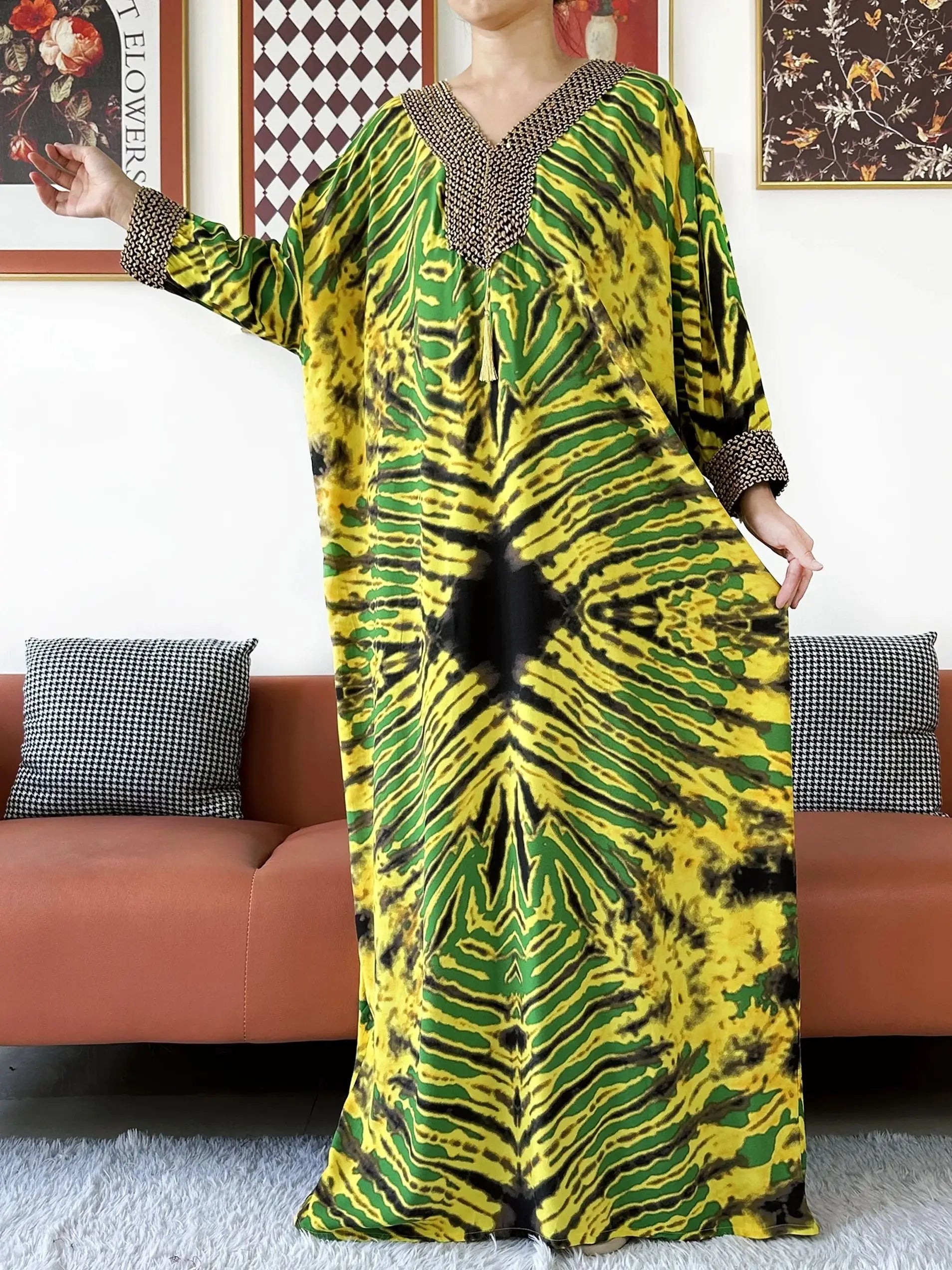 Embroidered Cotton Abaya Maxi Dress | Boho Long Sleeve V-Neck