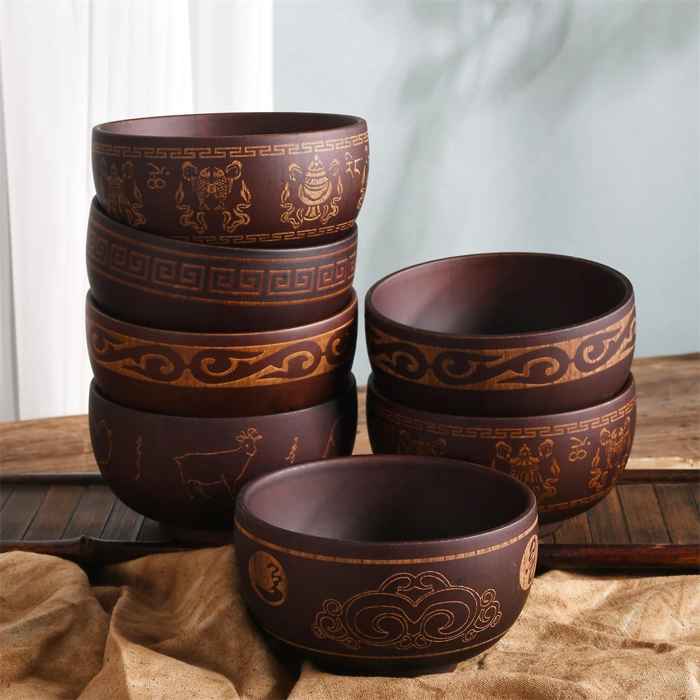Japanese Jujube Wood Bowl with Gold Inlay | Hand-Painted Decorative Rice & Soup Bowl