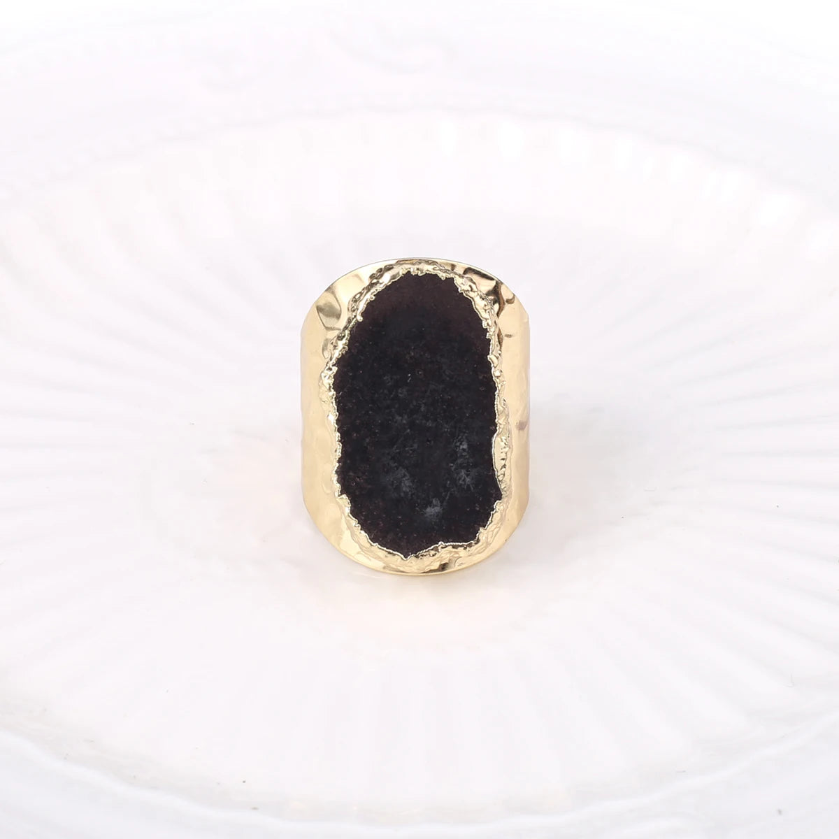 Boho Natural Agate Stone Sunflower Wide Open Ring – Gold Plated Adjustable in 6 Colors