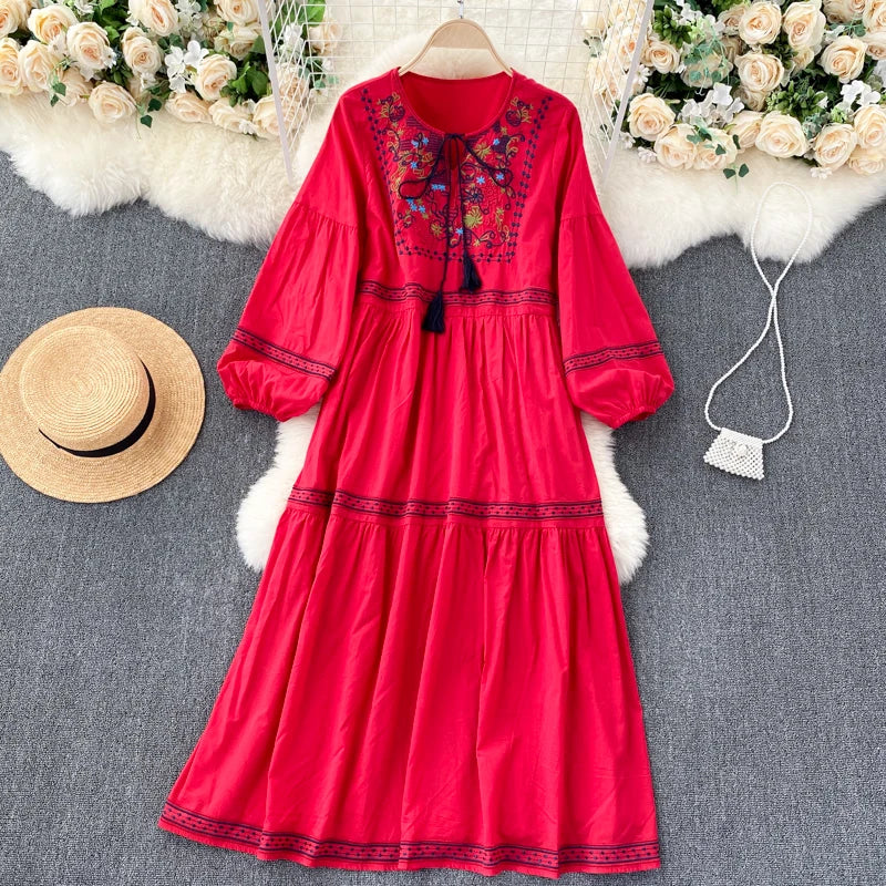 Embroidered Lantern Sleeve Boho Midi Dress | Lace-Up A-Line