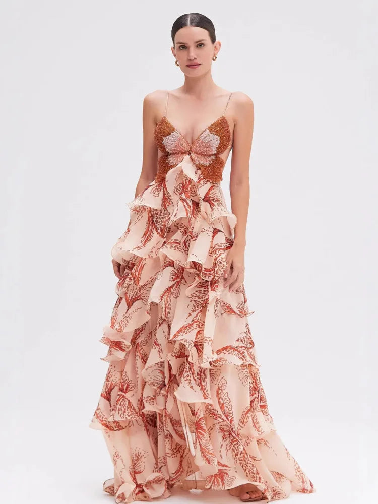 Floral Ruffle Maxi Dress | Strapless Layered Butterfly Boho