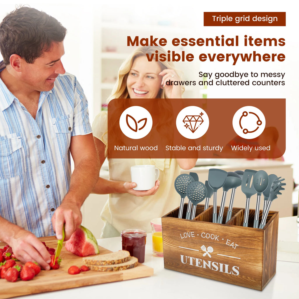 Wood Kitchen Utensil Holder | 3-Compartment Farmhouse Caddy Organizer