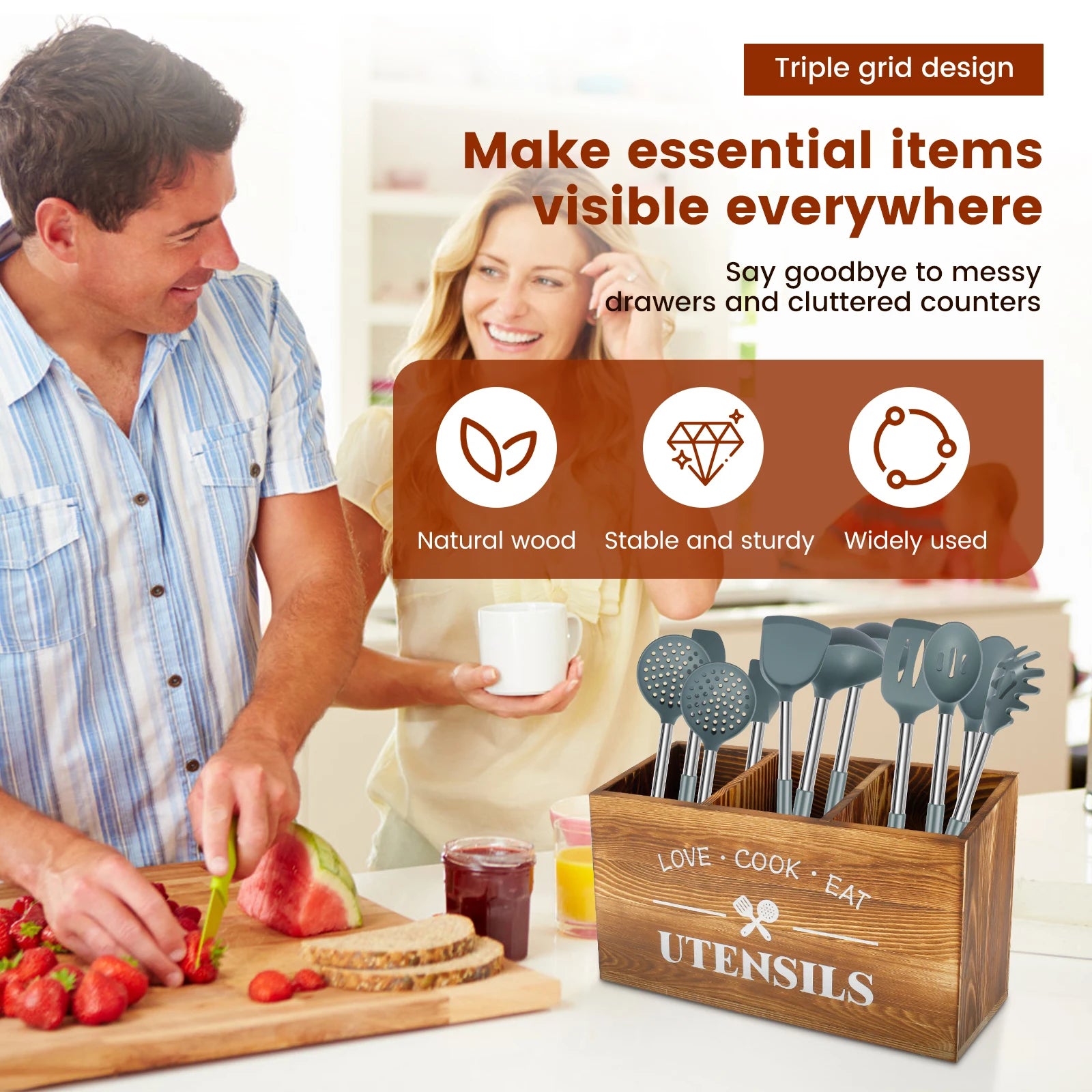 Wood Kitchen Utensil Holder | 3-Compartment Farmhouse Caddy Organizer