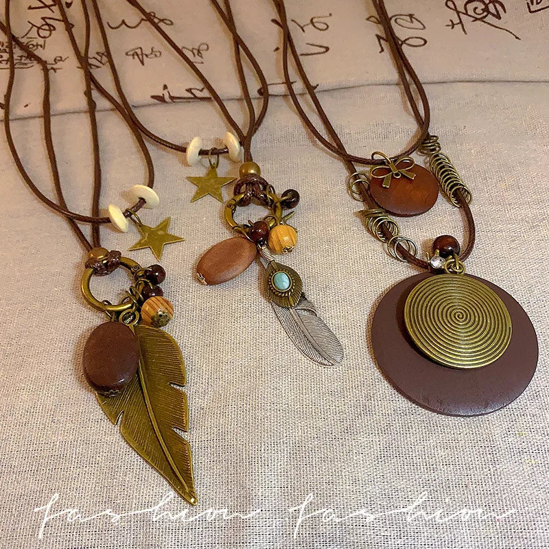 Vintage Boho Handmade Leaf Pendant Layered Long Necklace – Antique Collar Chain