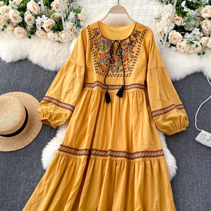 Embroidered Lantern Sleeve Boho Midi Dress | Lace-Up A-Line