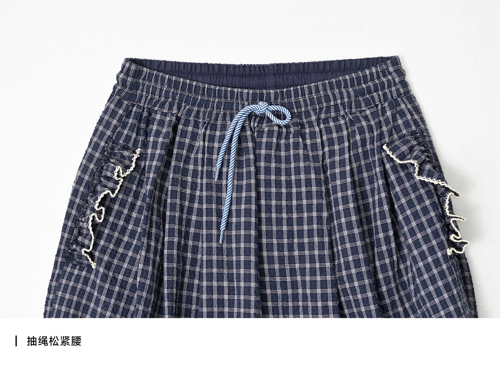 Women's Blue Plaid Wide Leg Pants – Casual Elastic Waist Trousers