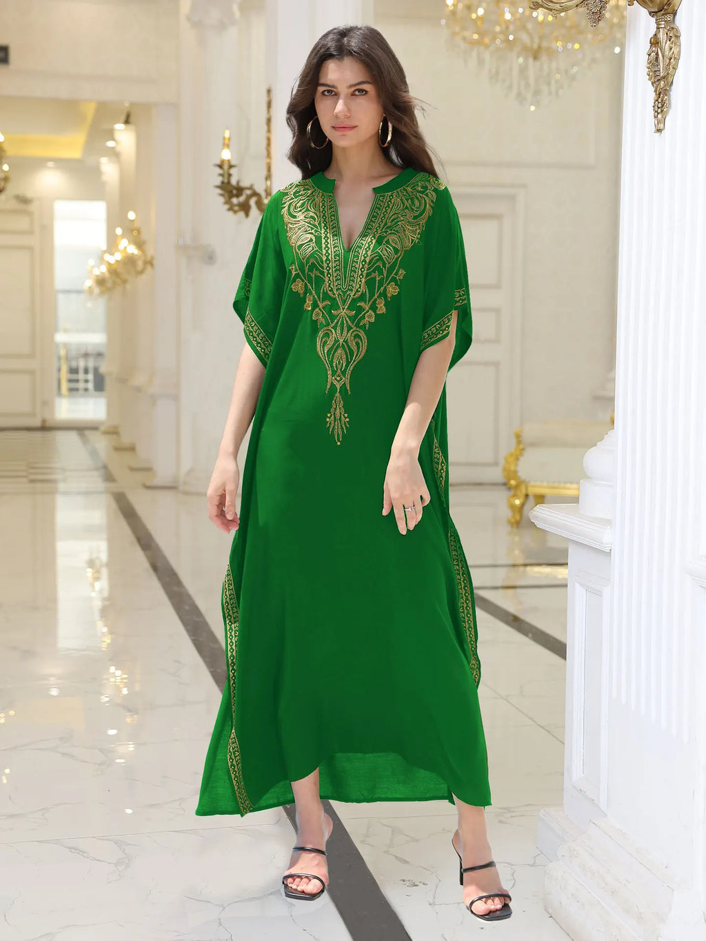 Boho Embroidered Batwing Sleeve Beach Cover-Up Dress – Loose A-Line V-Neck Summer Dress