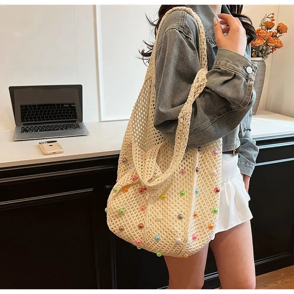 Boho Crochet Beach Tote Bag | Large Hollow Knit Bag with Colored Bead Detail
