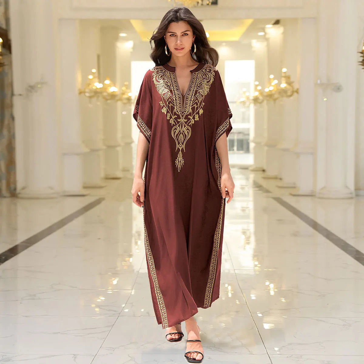 Boho Embroidered Batwing Sleeve Beach Cover-Up Dress – Loose A-Line V-Neck Summer Dress