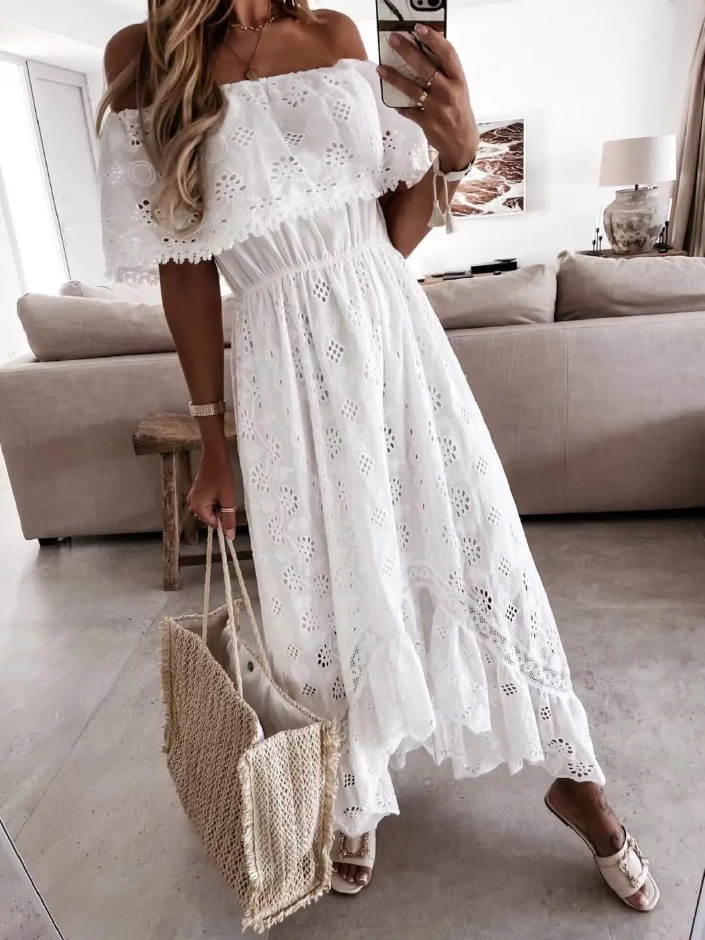 Boho Lace Embroidery Maxi Dress | Long Sleeve Beach Tunic