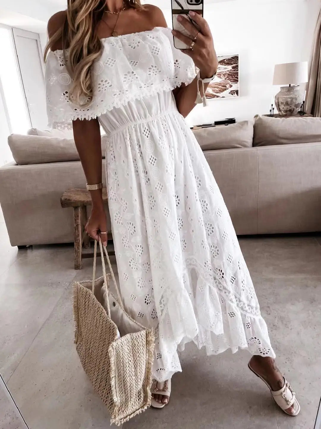 Boho Lace Embroidery Maxi Dress | Long Sleeve Beach Tunic