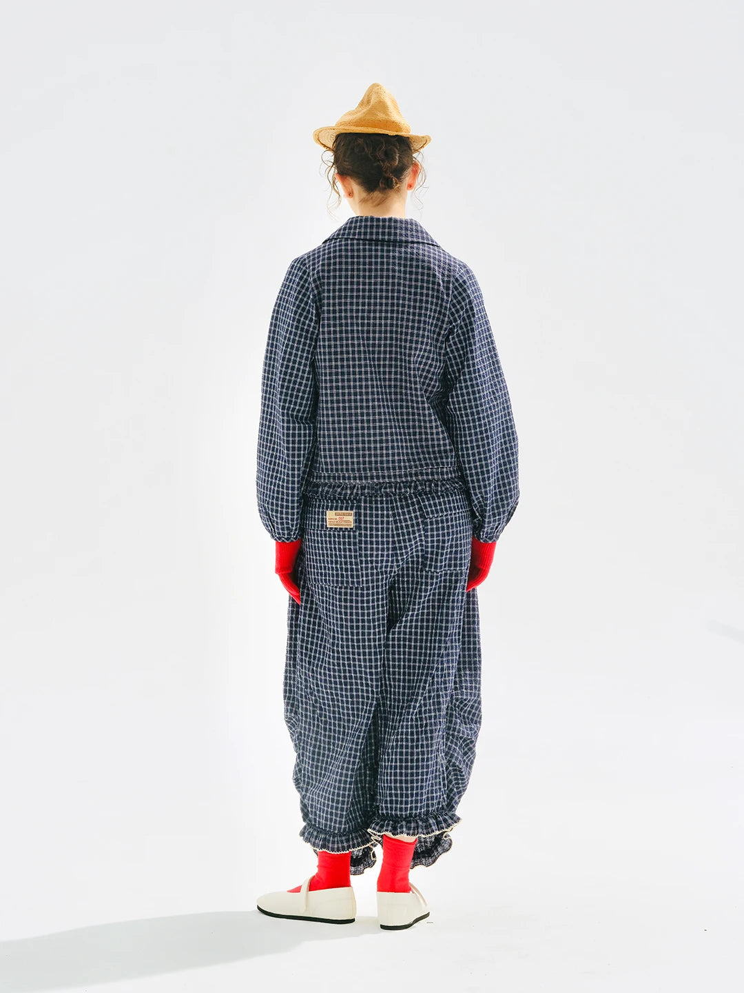 Women's Blue Plaid Wide Leg Pants – Casual Elastic Waist Trousers