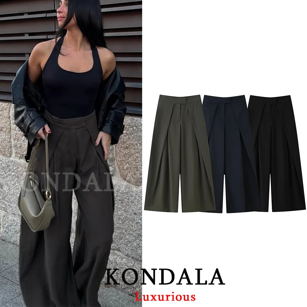 High-Waist Wide Leg Pants with Pockets & Pleats – Loose Ankle-Length Trousers for Women