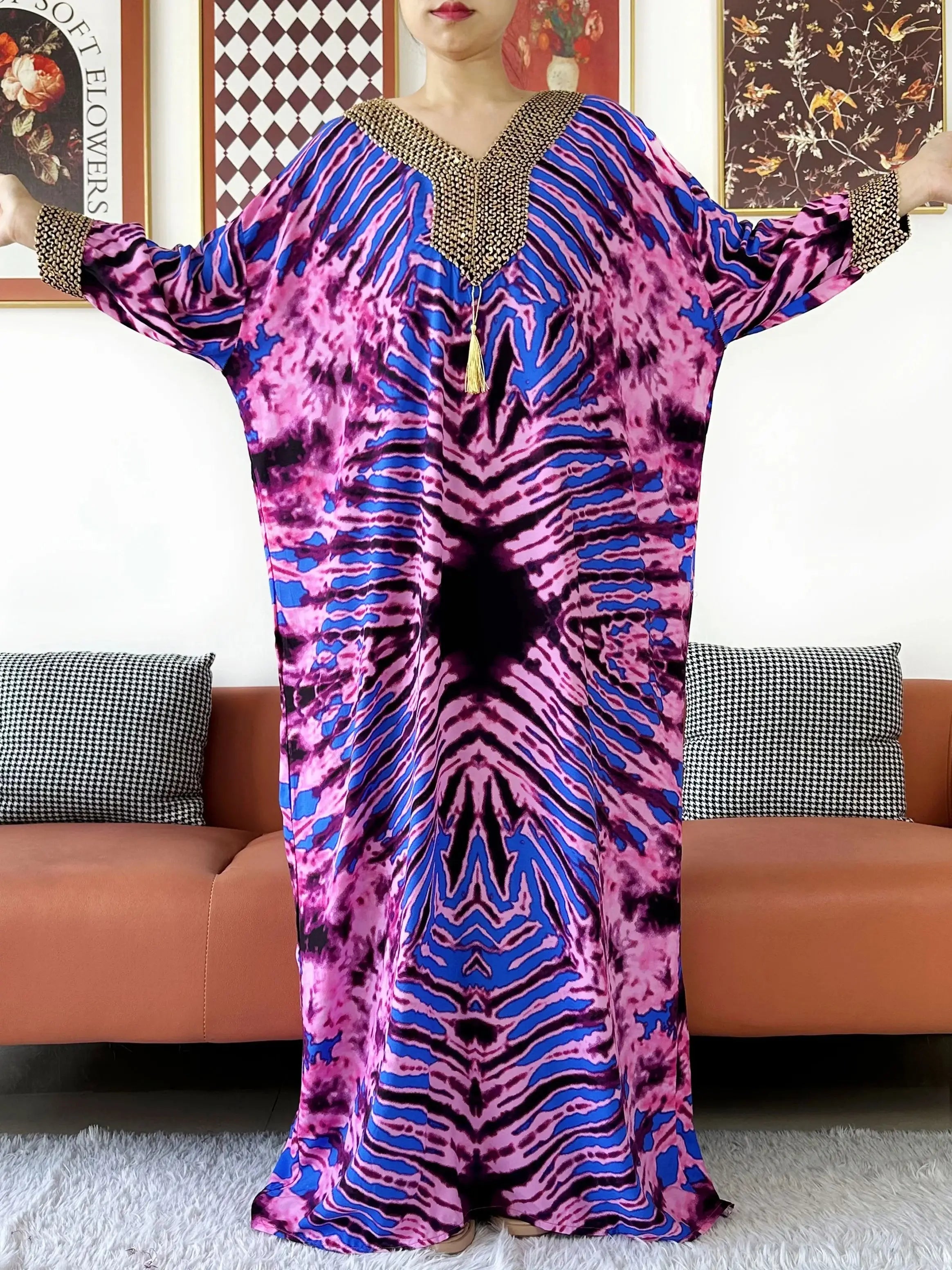 Embroidered Cotton Abaya Maxi Dress | Boho Long Sleeve V-Neck