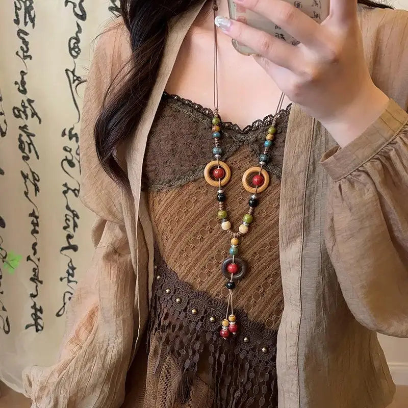 Boho Wooden Beaded Long Pendant Sweater Chain Necklace – Handmade Ethnic Style