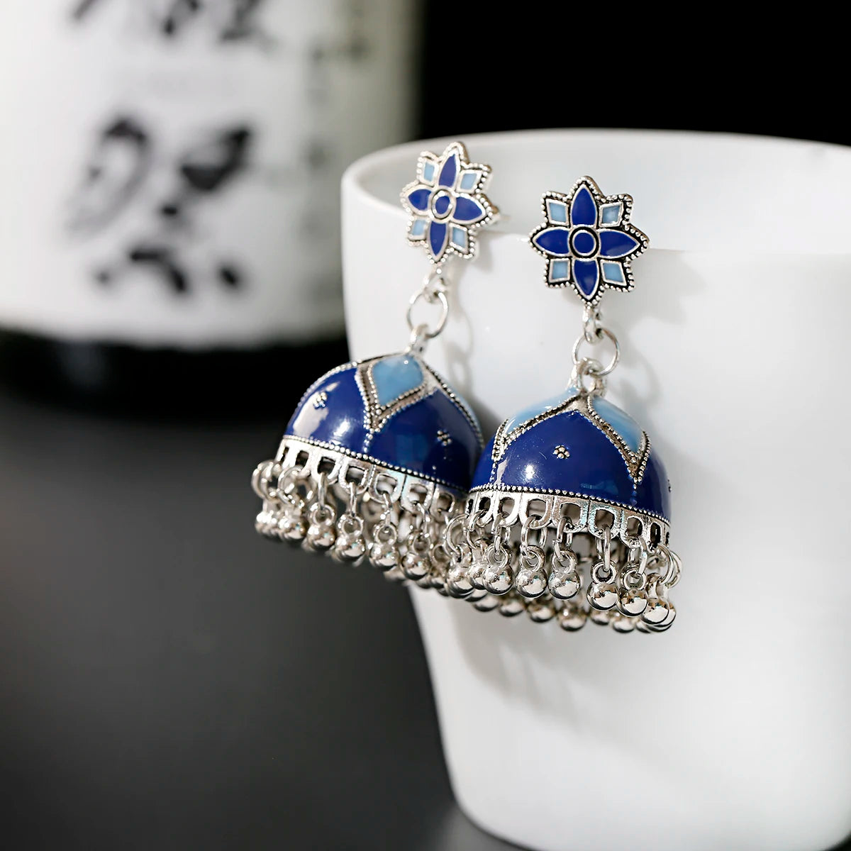 Boho Ethnic Flower Enamel & Bell Tassel Drop Earrings – Vintage Gold Crystal Bead