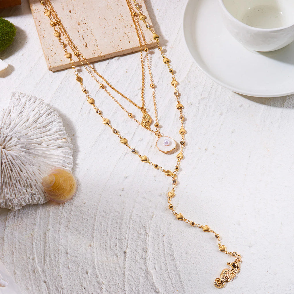Boho Beach Y-Drop Chain Necklace – Sea Turtle, Dolphin, Starfish & Shell Pendants