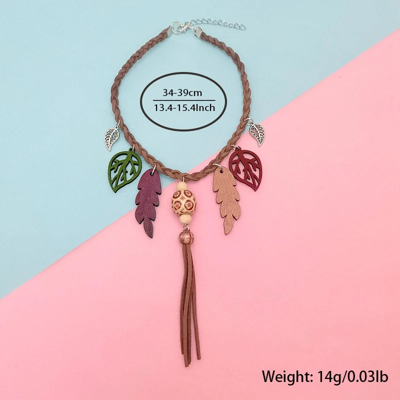 Boho Tassel & Leaf Pendant Choker Necklace – Ethnic Vintage Short Necklace