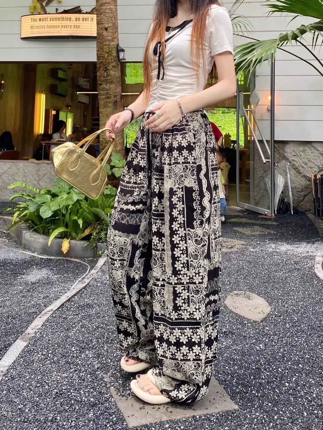 Retro Print Design Palazzo Pants Women's Summer Lightweight Loose Slimming Drapey Plus Size Casual Straight Leg Sports Pants