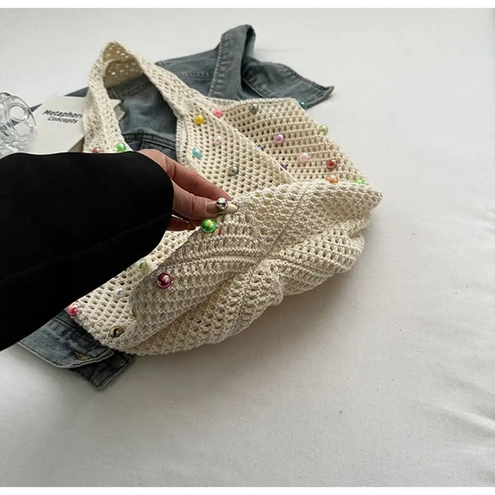 Boho Crochet Beach Tote Bag | Large Hollow Knit Bag with Colored Bead Detail