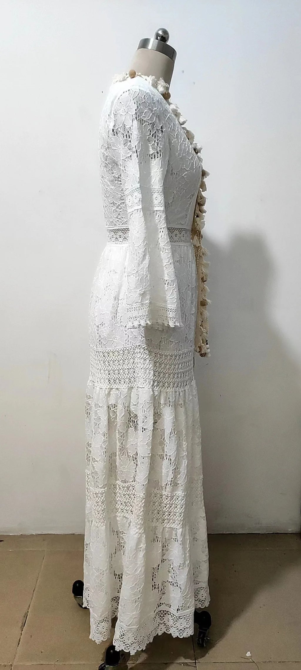 Lace Hollow-Out Boho Maxi Dress | Flare Sleeve Tassel Trim