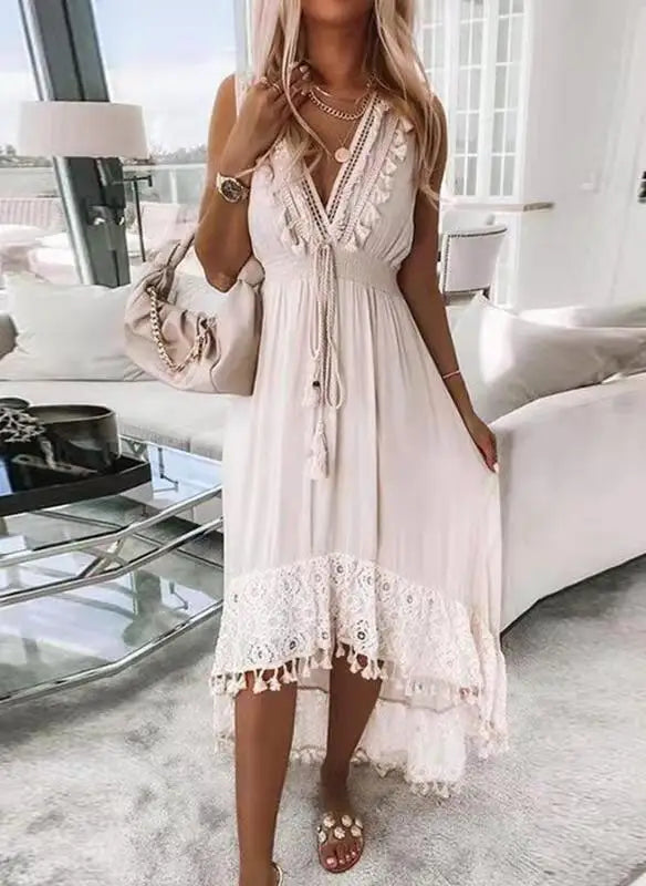 Boho Lace Embroidery Maxi Dress | Long Sleeve Beach Tunic