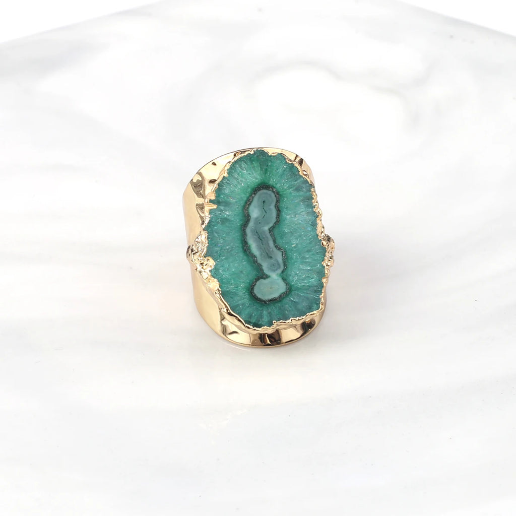 Boho Natural Agate Stone Sunflower Wide Open Ring – Gold Plated Adjustable in 6 Colors