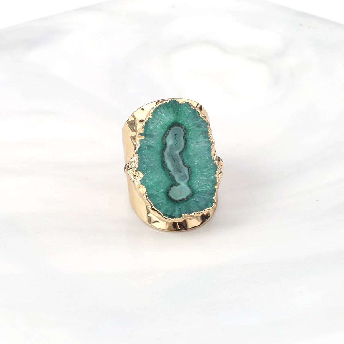 Boho Natural Agate Stone Sunflower Wide Open Ring – Gold Plated Adjustable in 6 Colors