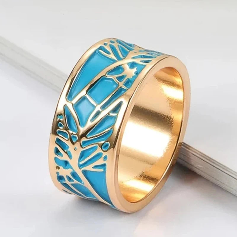 Boho Blue Enamel Plant Tree Pattern Ring – Creative Nature-Inspired Statement Ring