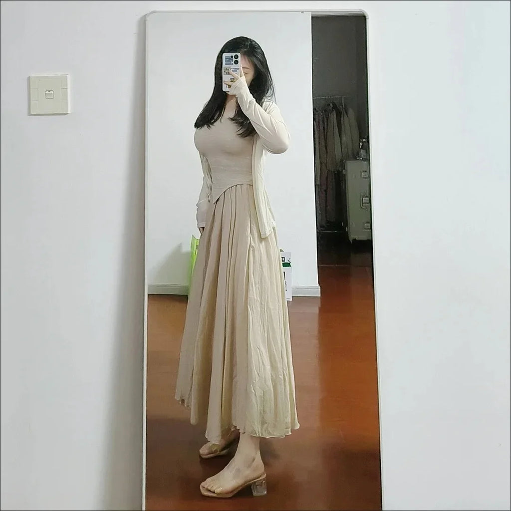 Boho Cotton Linen Maxi Skirt | Elastic Waist Pleated Floor-Length Skirt