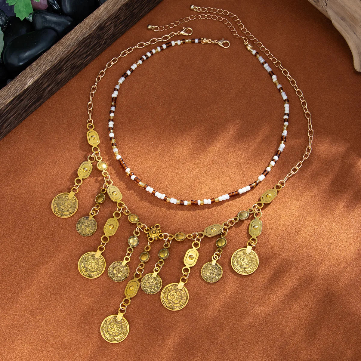Boho Coin Pendant Necklace | Gold Rice Bead Chain with Antique Coin Dangles