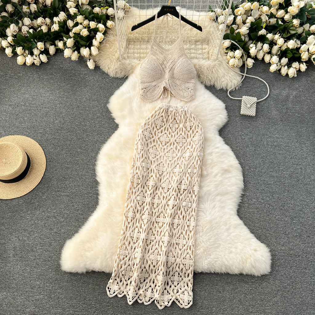 Boho Lace-Up Cami & Maxi Knit Skirt Set | 2-Piece Beach Co-ord