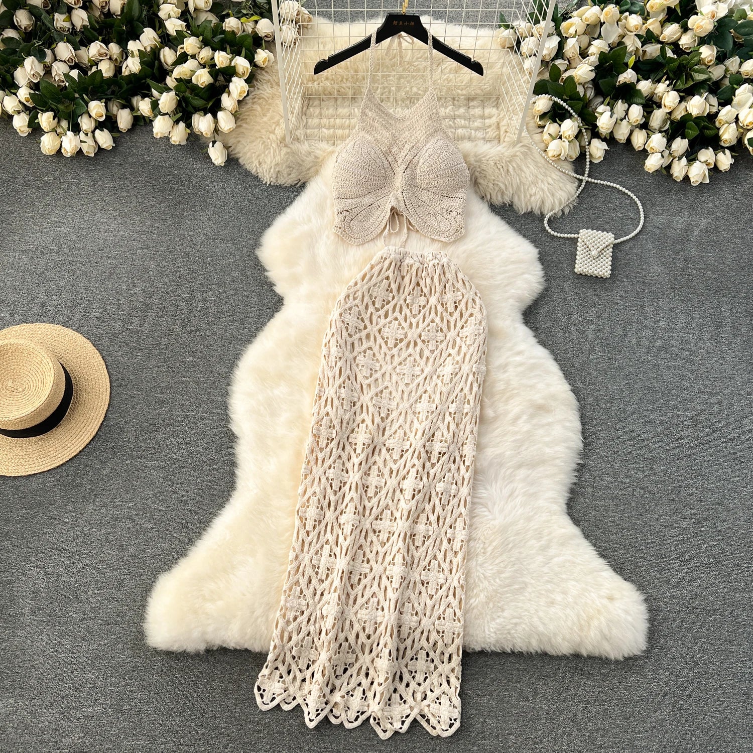 Boho Lace-Up Cami & Maxi Knit Skirt Set | 2-Piece Beach Co-ord